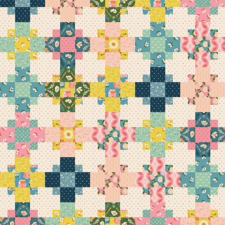 Mockup of the Even-Steven Quilt Pattern, a beginner-friendly fat quarter quilt, featuring holiday-inspired and Maeve fabric collections with light and dark backgrounds.