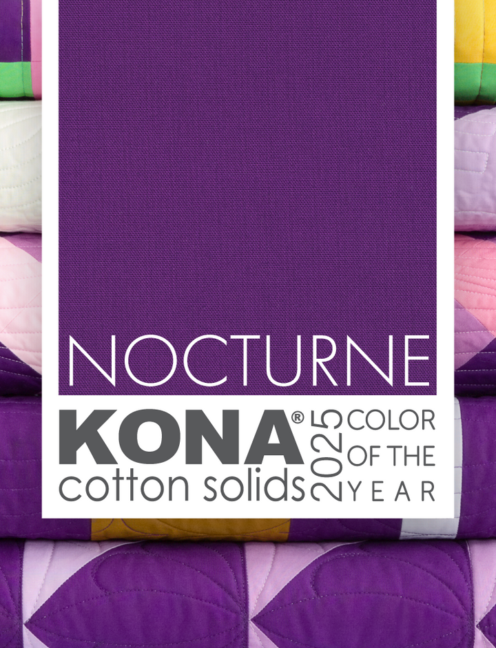 A vibrant Charlotte Quilt made with Kona’s 2025 Color of the Year, Nocturne, paired with shades of pink and purple. The bold quilt design highlights the rich violet hue, creating a striking centerpiece perfect for showcasing this year’s trendiest color.