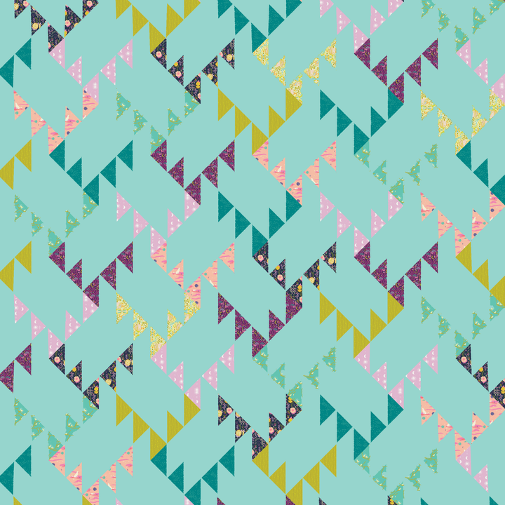 Mockups of the Jenny Quilt Pattern showcasing different fabric prints and background colors