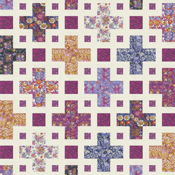 Mockup of the Violet Quilt Pattern featuring various fabric collections, including Bloomcore in Lagoon, Blush, and Amber colorways. A vibrant and versatile quilt design that highlights how different fabrics transform the pattern’s look.